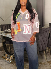 Sexy Letter Print Sheer Mesh Loose T Shirt