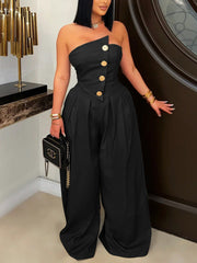 Metal Button Decor Strapless Wide Leg Jumpsuit