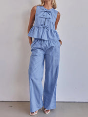 Stripe Sleeveless Lace-up Ruffle Top And Pants Sets