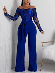 Elegant Off Shoulder Floral Lace Slim Wide Leg Jumpsuit
