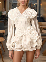 Fashion V-neck Fully-pleated Cinched Mini Dress