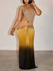 Gradient Color Cut Out Ruched Asymmetrical Maxi Dress