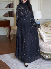 Elegant Stand Neck Rhinestone Top High Waist Skirt Sets