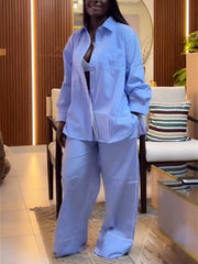Casual Lapel Loose Stripe Shirt Wide Leg Pants Set