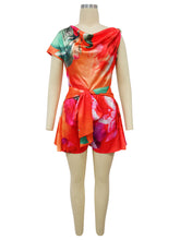 Fashion Skew Collar Print Backless Casual Romper