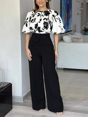 Elegant Print T Shirt Straight Pants Two Piece Set