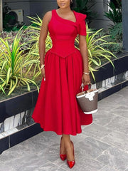 Solid Slash Shoulder Short Sleeve Midi Dress