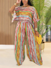 Stripe Print O Neck Half Sleeve Wide Leg Pants Set