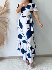 Casual V-neck Print Ruffle Hem Maxi Dress