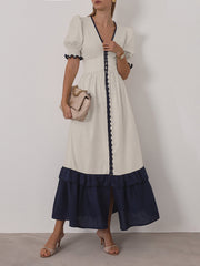 Casual V Neck Contrast Color Maxi Dress