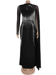 Elegant Sheer Mesh Rhinestone Slim Maxi Dress