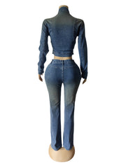 Fashion Denim Zipper Jacket Two Piece Pants Set