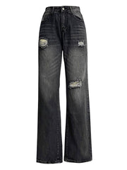 Casual Wide Leg Washed Ripped Jeans