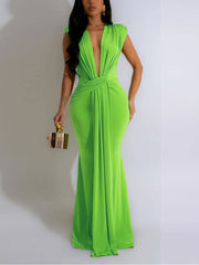 Elegant Deep V Plunge Draped Maxi Dress