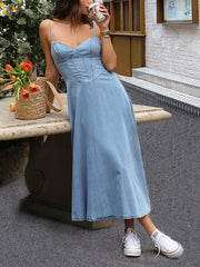 Sleeveless Suspender Pleated Back Denim Midi Dress