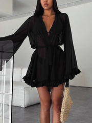 Sheer Mesh V Neck Ruffles Flare sleeve Mini Dress