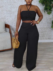 Sexy Halter Crop Tube Top High Waist Wide Leg Pants Set