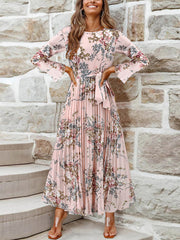 Floral Print Flounce Sleeve Pleated Hem Belted Dress