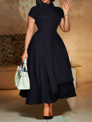Solid Color Patchwork Ruched O Neck A Line Dress