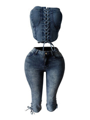 Fashion Lace-up Denim Vest Cropped Jeans Set