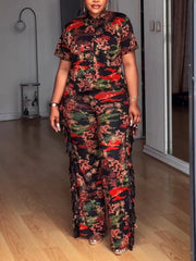 Print Fringe Trim Button Collar Casual Two Piece Set