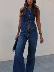 Fashion Sleeveless Waistcoat Wide Leg Jeans Set