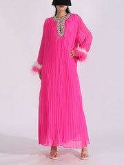 Round Neck Nail Bead Feather Cuffs Pleated Maxi Dress