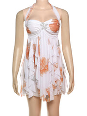 Fashion Floral Print Starfish Brooch Halter Mini Dress