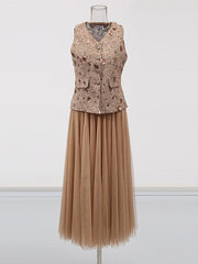 Sleeveless Sequin Vest Patchwork Mesh Skirt Set