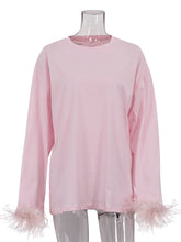 Causal Round Neck Long Sleeve Patchwork Feather T Shirt