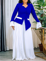 Fashion Flared Sleeve Top Pleated Wide Leg Pant Sets