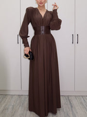 Elegant V Neck Cinched Waist Slim Maxi Dress