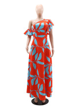 One Shoulder Ruffles Sleeve Print Long Dress
