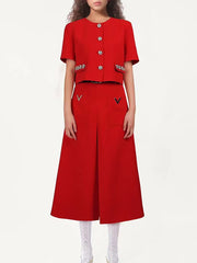 Elegant Rhinestone Round Neck Top High Waist Skirt Sets