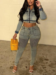 Casual Denim Cropped Jacket Elastic Slim Jeans Set