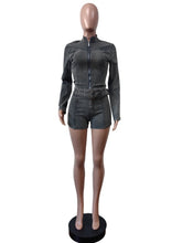 Fashion Zipper Long Sleeve Stretch Denim Shorts Sets