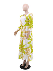 Casual Leaf Print Lace-Up Cinched Waist Maxi Dress
