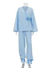 Casual V Neck Long Sleeve Top Wide Leg Pants Set