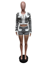 Casual Striped Cropped Sweater Top And Shorts Set