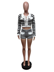 Casual Striped Cropped Sweater Top And Shorts Set