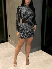Sexy Rhinestone Mesh See Through Mini Dress