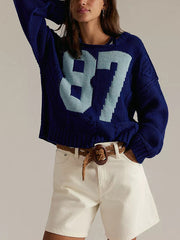 Casual Crew Neck Knit Number Pullover Sweater