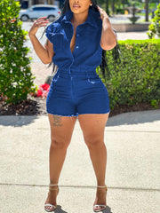 Turn-Down Collar Cinched Waist Casual Denim Romper