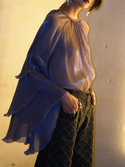 Elegant Round Collar Tiered Sleeve Chiffon Top