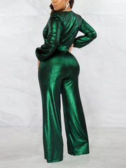 Sexy Metal Color V Neck High Waist Jumpsuit
