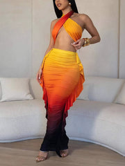 Cross Halter Tops Gradient Color Ruffle Maxi Skirt Set