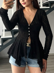 Elegant Lace V Neck Button Up Ruffles Slim Blouse