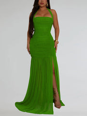 Sexy Mesh Halter Neck Backless Maxi Dress