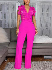 Elegant V Neck Lace Patchwork Slim Jumpsuit