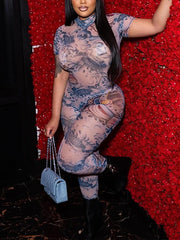 Sexy Print See Through Mesh Bodycon Jumpsuit